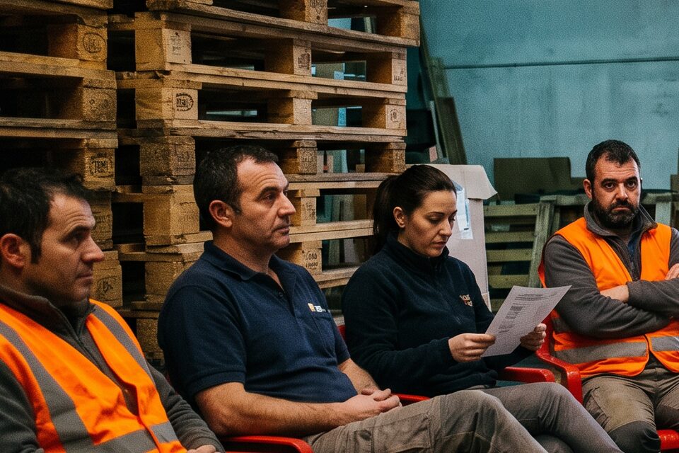 Cuatro operarios de almacén con chalecos reflectantes escuchan sentados una sesión de formación junto a una pila de palés